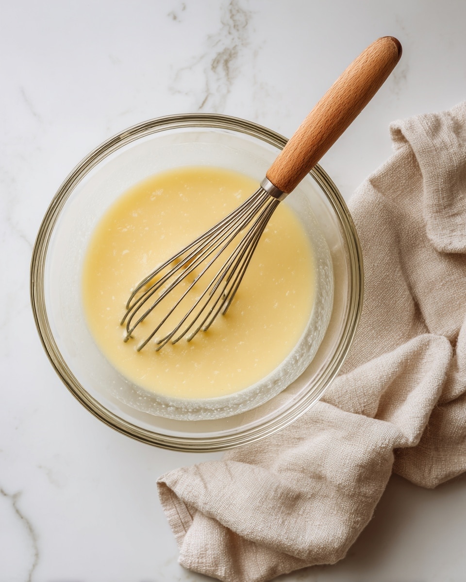 A clear glass bowl sits on a white marbled surface, filled with a light yellow, smooth sauce or batter with some small lumps. Inside the bowl, a whisk with a bamboo-colored wooden handle and metal wires is partially dipped in the mixture, resting at an angle. To the right edge of the image, there is a light beige cloth casually placed, contrasting with the white marbled surface. photo taken with an iphone --ar 4:5 --v 7