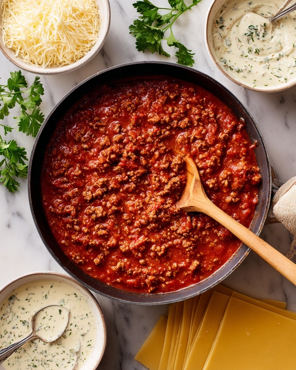 A black pan filled with chunky rich red meat sauce with visible bits of cooked meat and tomatoes, a wooden spoon resting inside the sauce with its handle extending toward the front. To the left of the pan, there are two white bowls, one containing white shredded cheese and the other filled with a creamy white sauce mixed with herbs, each with a silver spoon inside. To the right of the pan, there are uncooked yellow lasagna sheets neatly stacked. A few green parsley sprigs are scattered around the scene on a white marbled surface, with the pan's handle wrapped in a beige cloth. Photo taken with an iphone --ar 4:5 --v 7