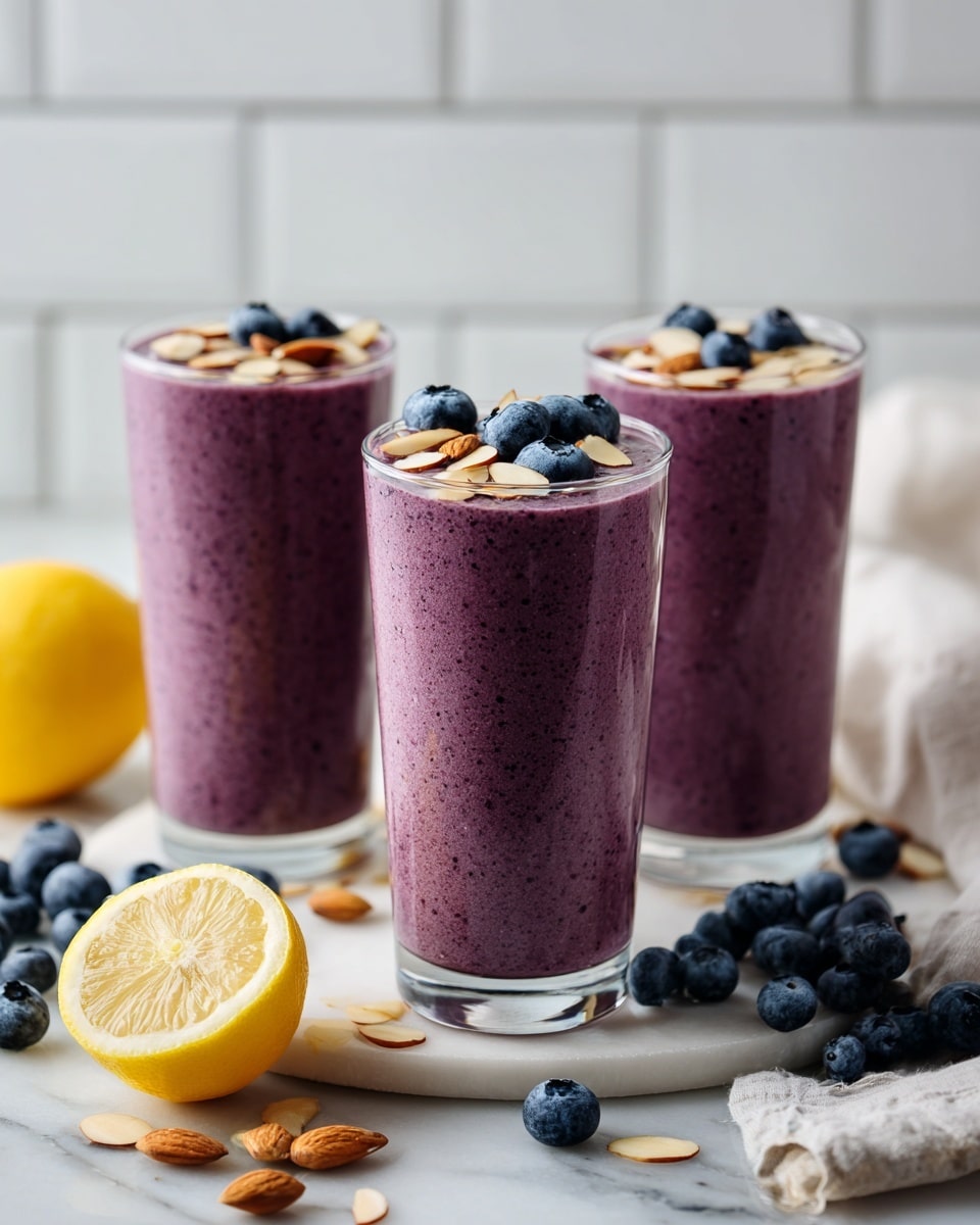 Three tall clear glasses filled with a thick purple smoothie are placed on a white marbled surface. Each glass is topped with a few whole blueberries and thin, light brown almond slices scattered on the smooth surface of the smoothie. Around the glasses, there are extra whole blueberries and almond slices spread on the white marbled surface. On the left side, there is a halved lemon with bright yellow flesh. The background consists of white subway tiles, and a white cloth is softly gathered near the back right glass. The image looks bright and fresh with soft natural light. photo taken with an iphone --ar 4:5 --v 7
