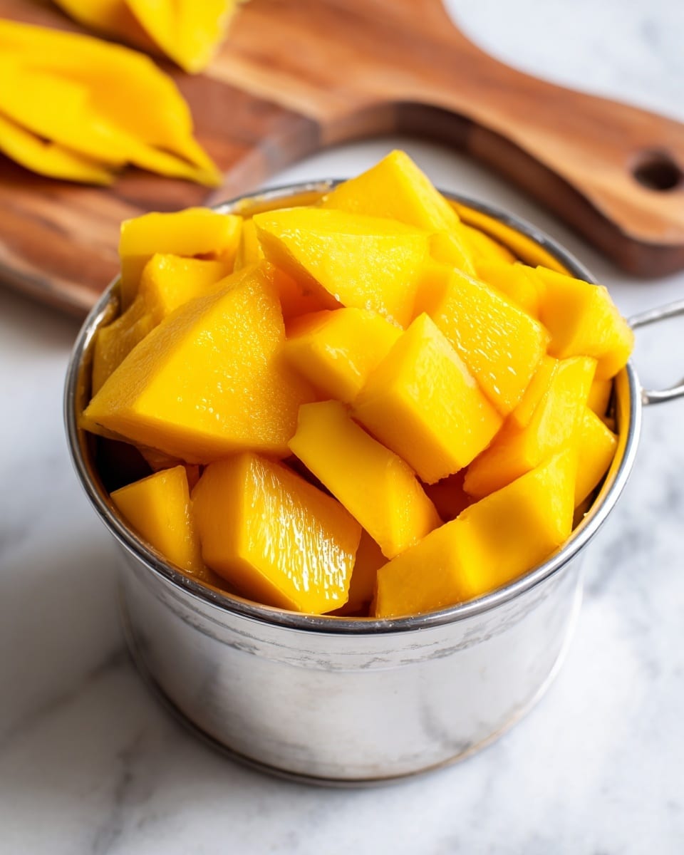 A white metal measuring cup filled with bright yellow mango chunks that have a smooth and slightly glossy texture. The cup sits on a white marbled surface next to a wooden cutting board in the background, which has a few small pieces of mango on it. The mango pieces are cut into irregular shapes but are closely packed inside the cup. The image is bright and sharp, showing the vivid color and soft flesh of the mango photo taken with an iphone --ar 4:5 --v 7
