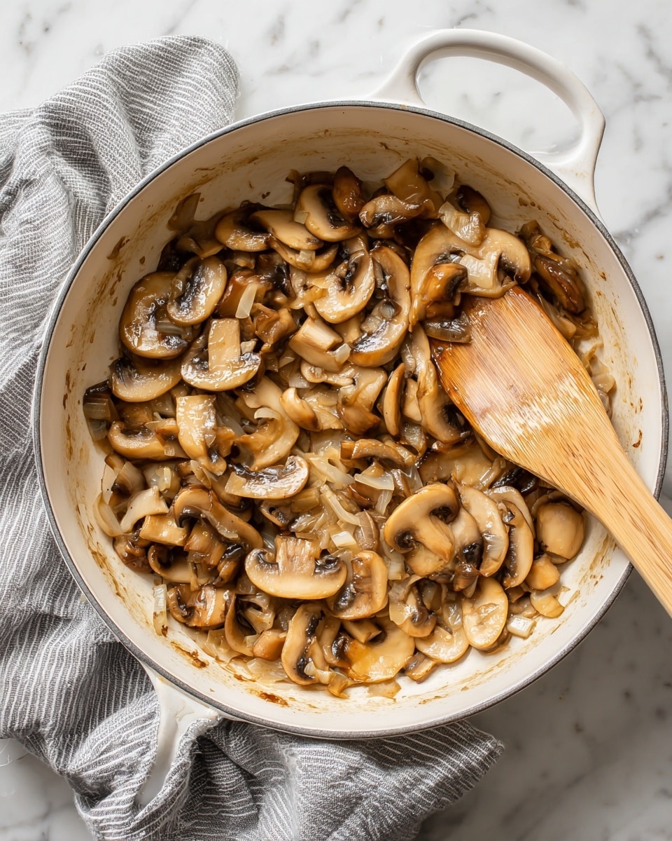 A white pot filled with cooked sliced mushrooms mixed with small pieces of cooked onions, all showing a shiny, light brown color from cooking. The mushrooms have a soft texture with slight browning on edges, sitting on the base layer of the pot with some browned bits stuck to the sides. A light wood spatula with smooth texture rests on the right side inside the pot, touching the mushrooms. The pot is placed on a white marbled surface with a folded grey and white striped cloth nearby. photo taken with an iphone --ar 4:5 --v 7