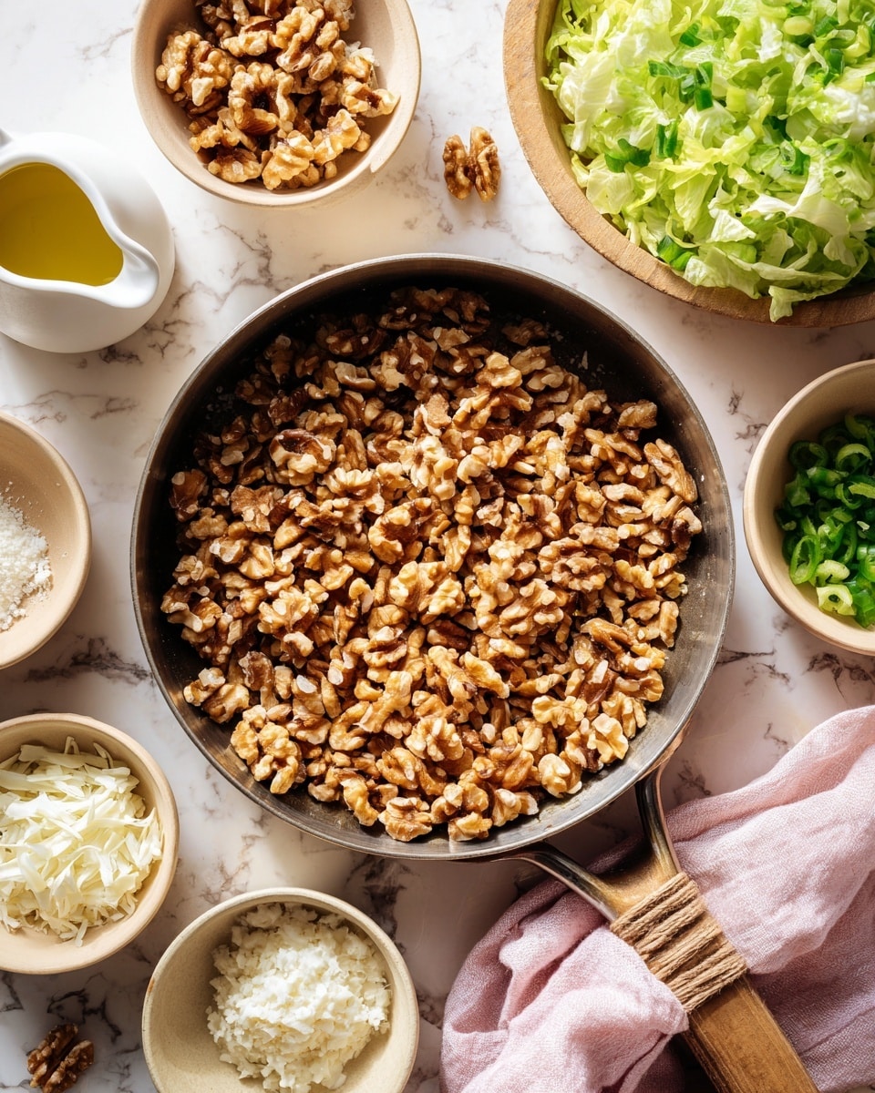 A small pan filled with evenly chopped, toasted walnuts showing light and dark brown colors and a crunchy texture sits on a white marbled surface. Around the pan are four bowls: one with golden olive oil in a white pitcher, one with whole walnut pieces in a tan bowl, one with finely grated white cheese in a tan bowl, and one with chopped green onions and lettuce in a white bowl. A soft pink cloth is partly visible near the pan handle. The setting has a fresh, clean look with natural light. photo taken with an iphone --ar 4:5 --v 7