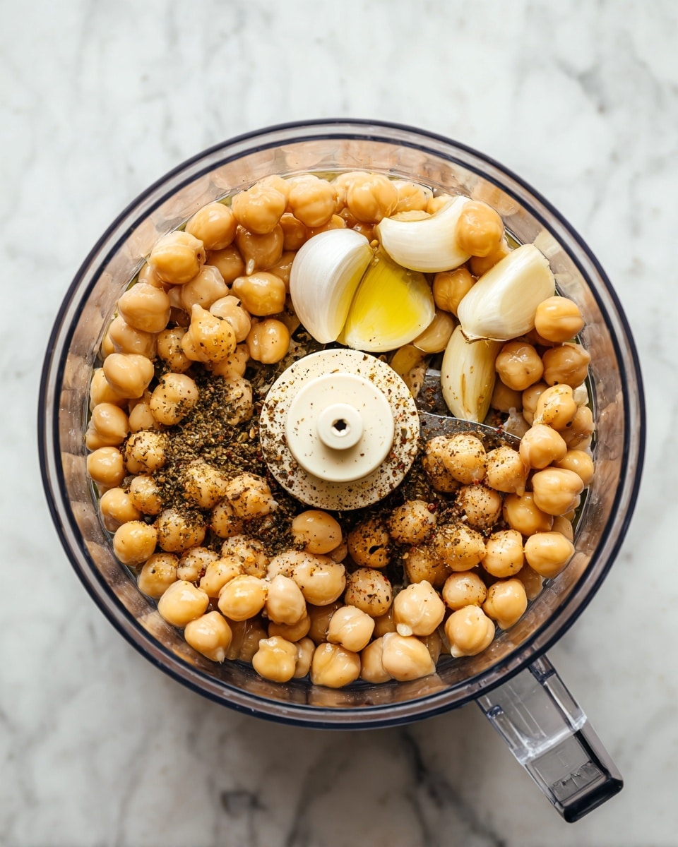 A clear food processor bowl filled with three layers: the bottom layer has light brown chickpeas, the middle layer shows a few whole peeled garlic cloves scattered, and the top layer is sprinkled with black pepper and some liquid oil visible between the chickpeas. The blade assembly is in the center, with no other visible ingredients. The whole setup is on a white marbled surface. photo taken with an iphone --ar 4:5 --v 7
