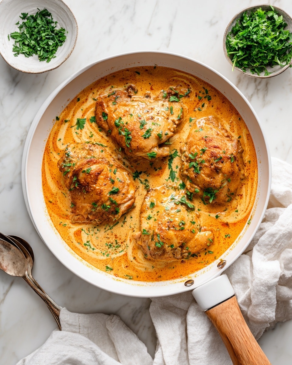 The image shows a white pan with a light wooden handle placed on a white marbled surface. Inside the pan are three pieces of chicken covered in creamy orange sauce with visible oil swirls on the surface. The dish is topped with small green parsley leaves scattered evenly over the sauce. Nearby, there is a small white bowl filled with chopped fresh herbs, and a soft white cloth is casually placed to the right side of the pan. The whole scene is bright and clean with a natural light setting. photo taken with an iphone --ar 4:5 --v 7