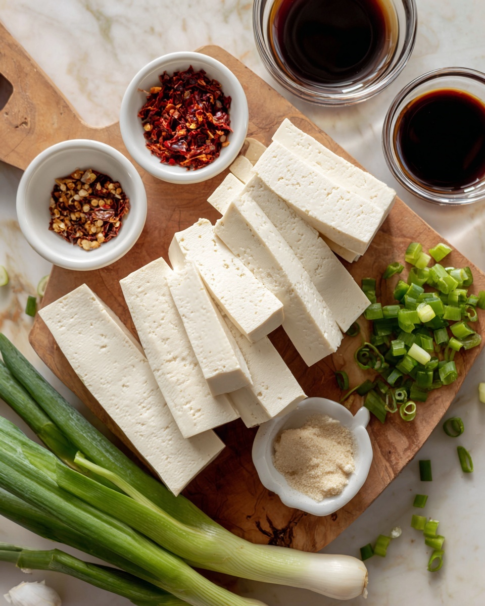The image shows a wooden board with layers of tofu blocks and slices in the center, with the tofu showing a creamy white color and smooth texture. To the front right, there are chopped green onions scattered up to the middle of the board, with two whole green onion stalks lying at the bottom left. Around the tofu, there are three small white ramekins, one with dark red chili flakes, one with a light beige spice, and an empty one. To the right side, there are two small clear glass bowls containing dark brown soy sauces. The surface beneath is a white marbled texture. photo taken with an iphone --ar 4:5 --v 7