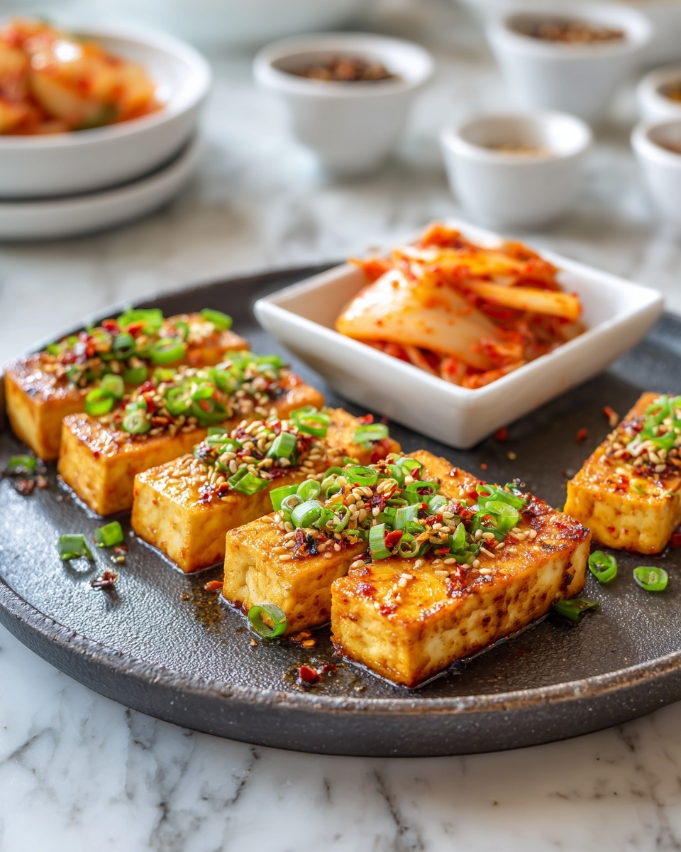 The image shows a round dark gray plate placed on a white marbled surface. On the plate, there are eight rectangular slices of golden-brown tofu arranged in a neat row, each topped with chopped green onions and sprinkled with sesame seeds and red chili flakes, adding texture and color contrast. Behind the tofu, a small square white bowl is filled with reddish-orange kimchi, with visible layers of cabbage leaves and a glossy appearance. In the background, blurred white ramekins with various spices and a white bowl with more food are softly visible. The photo is taken with an iphone --ar 4:5 --v 7