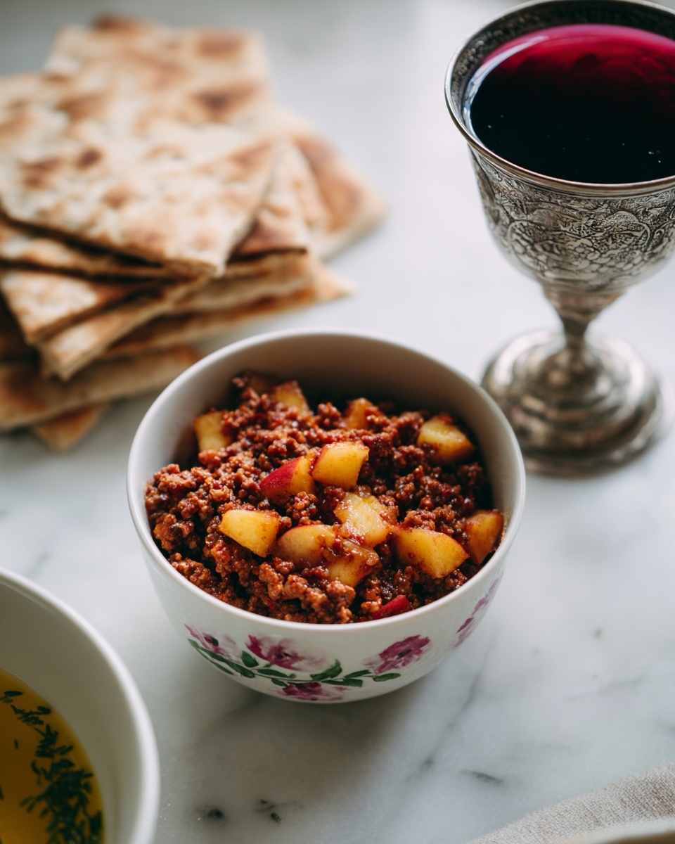 A small white bowl with a floral design holds a chunky mixture of reddish-brown ground meat and small pieces of light yellow apple with red skin, all mixed together in an uneven texture. The bowl is placed on a white marbled surface next to a silver ornate goblet filled with dark red liquid. To the left, several square pieces of lightly toasted flatbread are stacked, and part of a white bowl with a greenish-yellow soup and herbs is visible at the bottom edge of the image. The scene has a cozy and homemade feel, with soft natural lighting. photo taken with an iphone --ar 4:5 --v 7