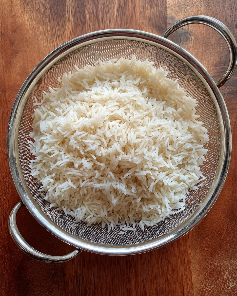 The image shows a metal strainer full of cooked white rice with long grains. The rice fills the strainer, with a soft and fluffy texture, showing slight steam moisture. The metal strainer has a fine mesh and two handles visible on the sides and rests on a wooden surface with a slightly blurred background. photo taken with an iphone --ar 4:5 --v 7