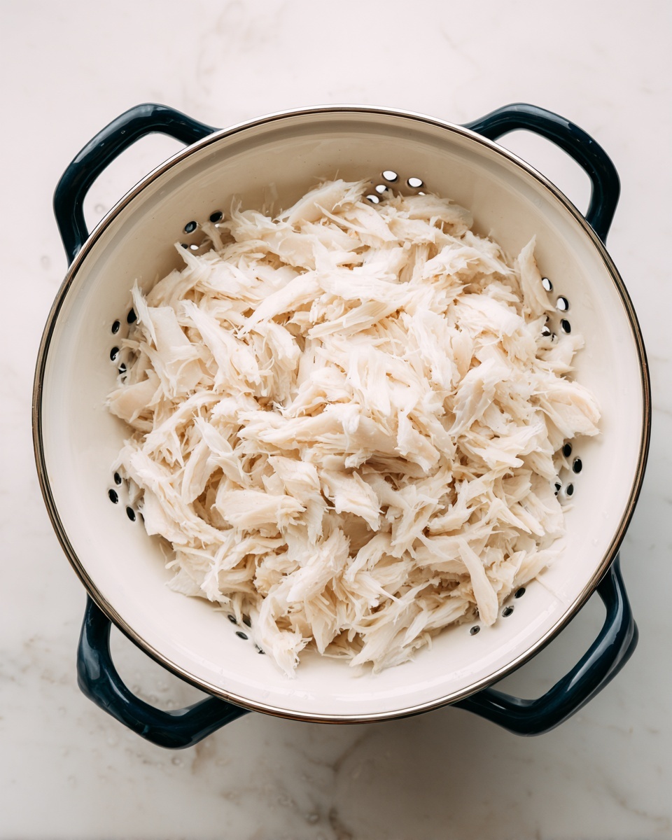 A white colander with black handles holds shredded white fish pieces, which are soft and flaky. The colander is placed on a white marbled surface, and small water droplets can be seen on the handles, showing moisture. The shredded fish forms a single loose layer at the bottom center of the colander, showcasing a light cream and white color mix. Photo taken with an iphone --ar 4:5 --v 7