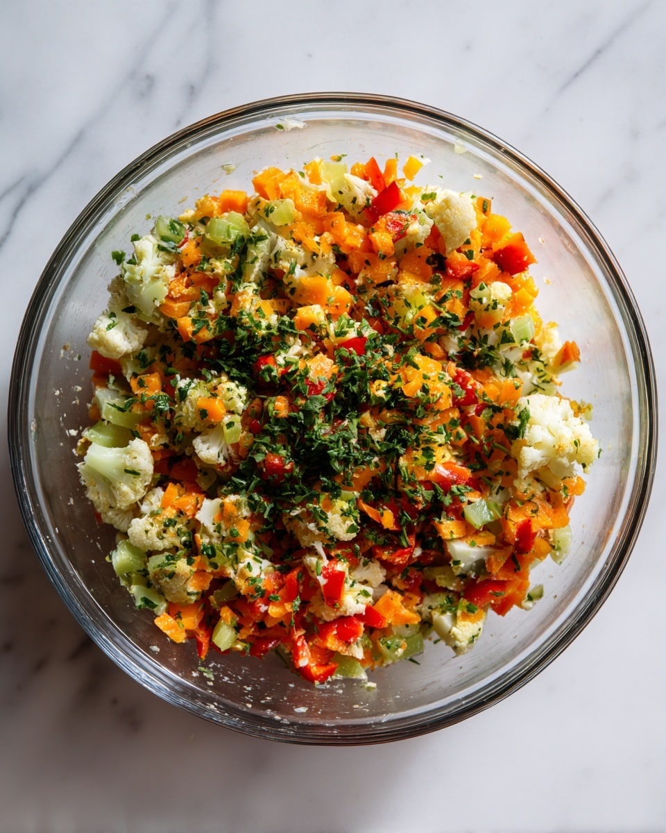A clear glass bowl filled with a colorful mix of chopped vegetables, showing three main layers: a base of light green celery and cauliflower pieces, a middle layer of bright orange carrot bits and red bell pepper pieces, and a top layer sprinkled with fresh chopped herbs in dark green. The vegetables are mixed evenly with a light texture, resting on a white marbled surface. Photo taken with an iphone --ar 4:5 --v 7