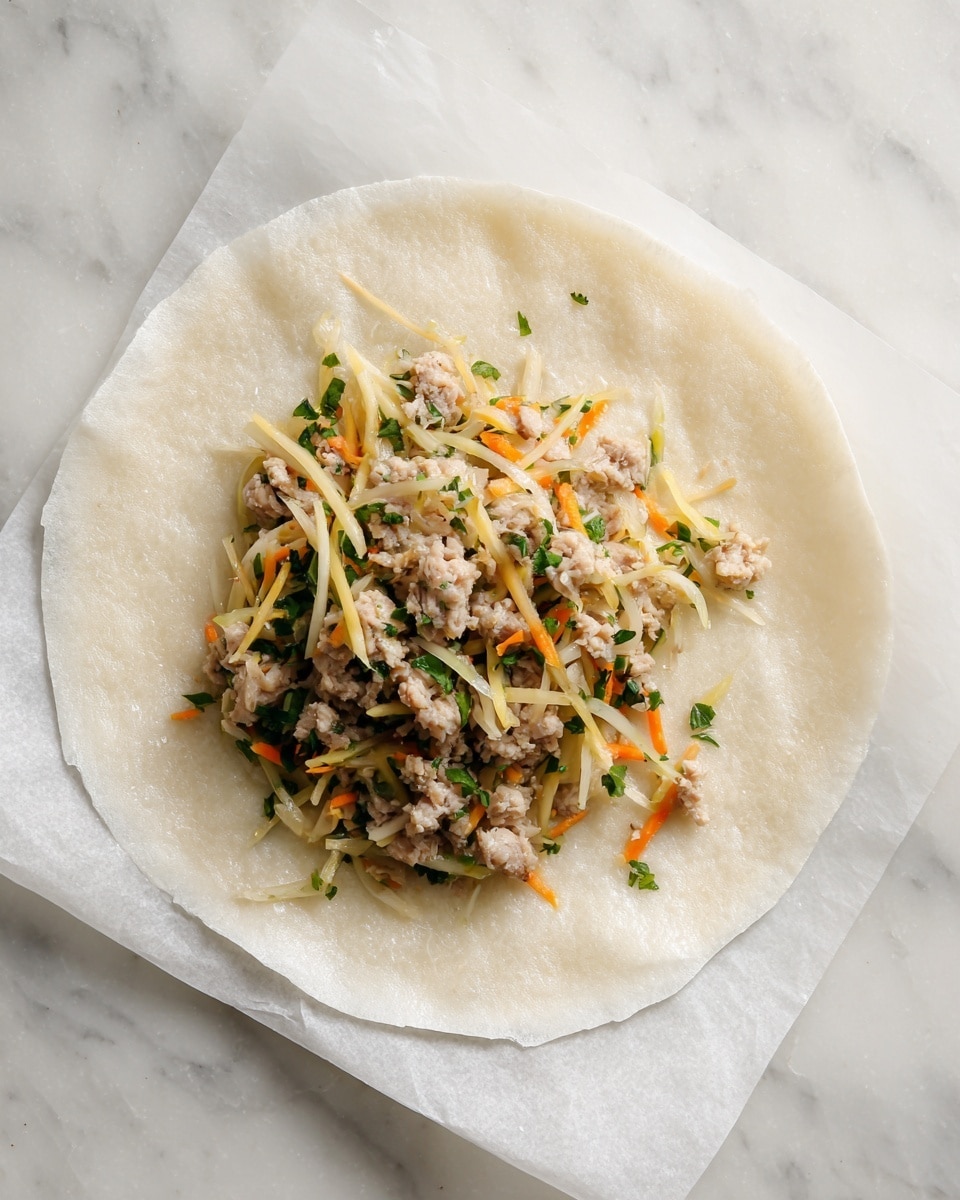 A white round wrapper is placed on a square piece of parchment paper on a white marbled surface. In the center of the wrapper, there is a small pile of cooked food consisting of light brown ground meat mixed with shredded pale yellow and thin orange vegetable strips, scattered with small bits of green herbs. The colors of the filling contrast softly against the plain white wrapper. The scene is well lit and simple, giving a clear view of the fresh ingredients photo taken with an iphone --ar 4:5 --v 7