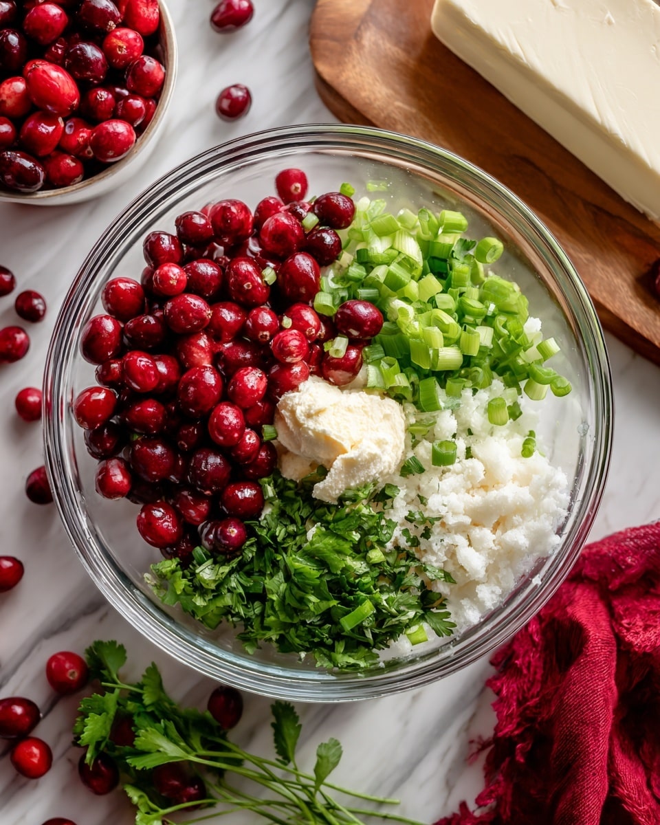 The image shows a clear glass bowl on a white marbled surface filled with several colorful layers of ingredients. In the bowl, there are bright red cranberries on the left side, chopped green onions in the top center, a dollop of a creamy light-colored ingredient near the middle, a small pile of white granulated substance close to it, and fresh green herbs like cilantro covering the bottom right. Around the bowl, there are scattered loose cranberries on the surface, a block of cream cheese on a wooden board to the top right, and a red cloth partially visible on the right side. Photo taken with an iphone --ar 4:5 --v 7