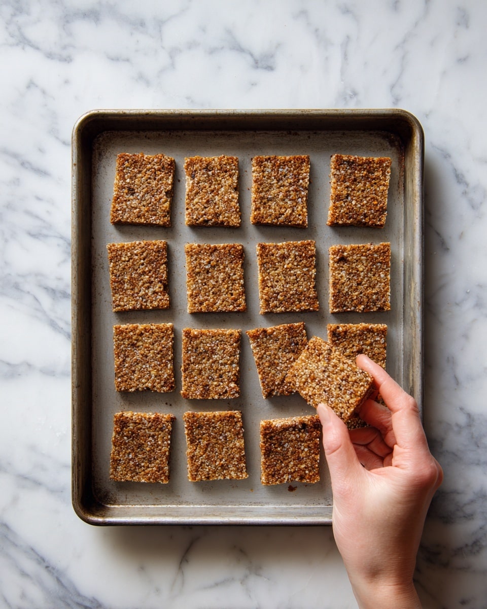 The image shows a metal baking tray with 16 small, square pieces of toasted brown bread evenly spaced over it. The bread appears crunchy with a rough texture and darker brown speckles. A woman's hand is reaching in from the bottom right, holding one of the toasted bread squares. The tray is placed on a white marbled surface. photo taken with an iphone --ar 4:5 --v 7