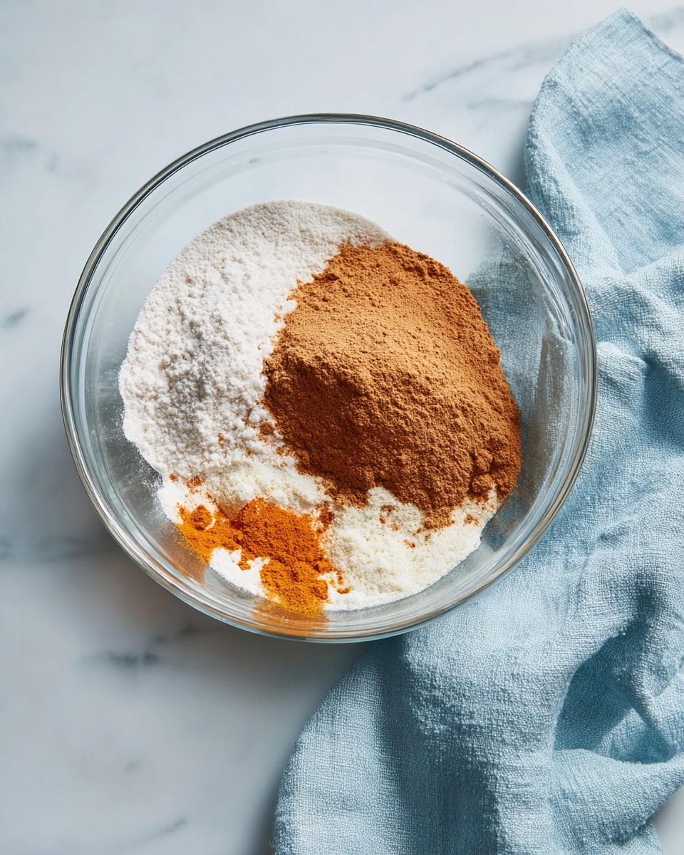 A clear glass bowl sits on a white marbled surface, containing three separate layers of dry ingredients. The bottom layer is a fine white powder spread evenly across the base of the bowl. On top of this, slightly to the center, is a medium brown powder with a smooth texture forming a rounded mound. Scattered on and around the brown powder are small spots of bright orange powder, unevenly placed. A soft light blue cloth rests at the bottom right corner of the bowl. Photo taken with an iphone --ar 4:5 --v 7