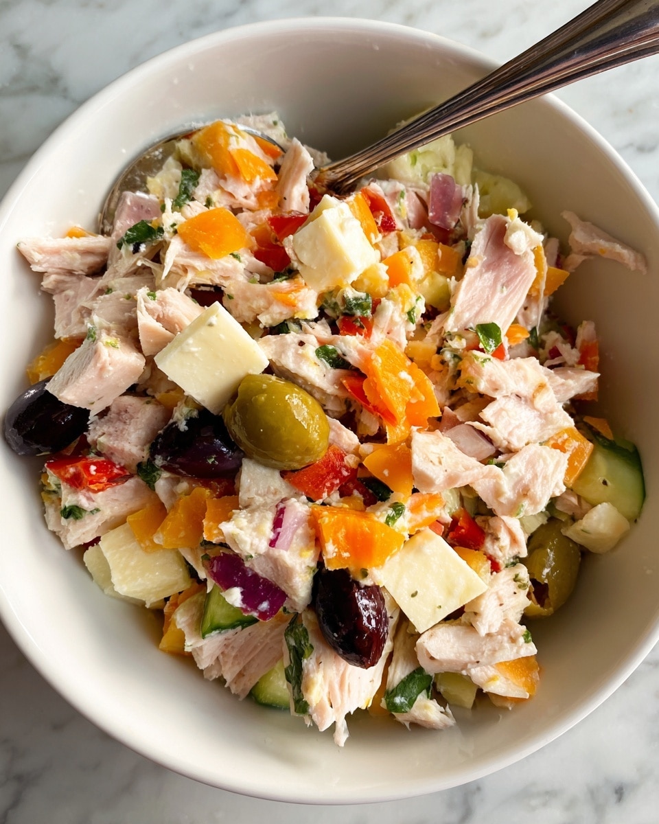 A close-up of a white bowl filled with a mixed salad containing chopped light pink turkey slices, small cubes of pale yellow cheese, black and green sliced olives, small pieces of orange carrots, and bits of red pepper. A silver spoon is partially inside the bowl, resting on the mixed ingredients. The bowl sits on a white marbled surface. photo taken with an iphone --ar 4:5 --v 7