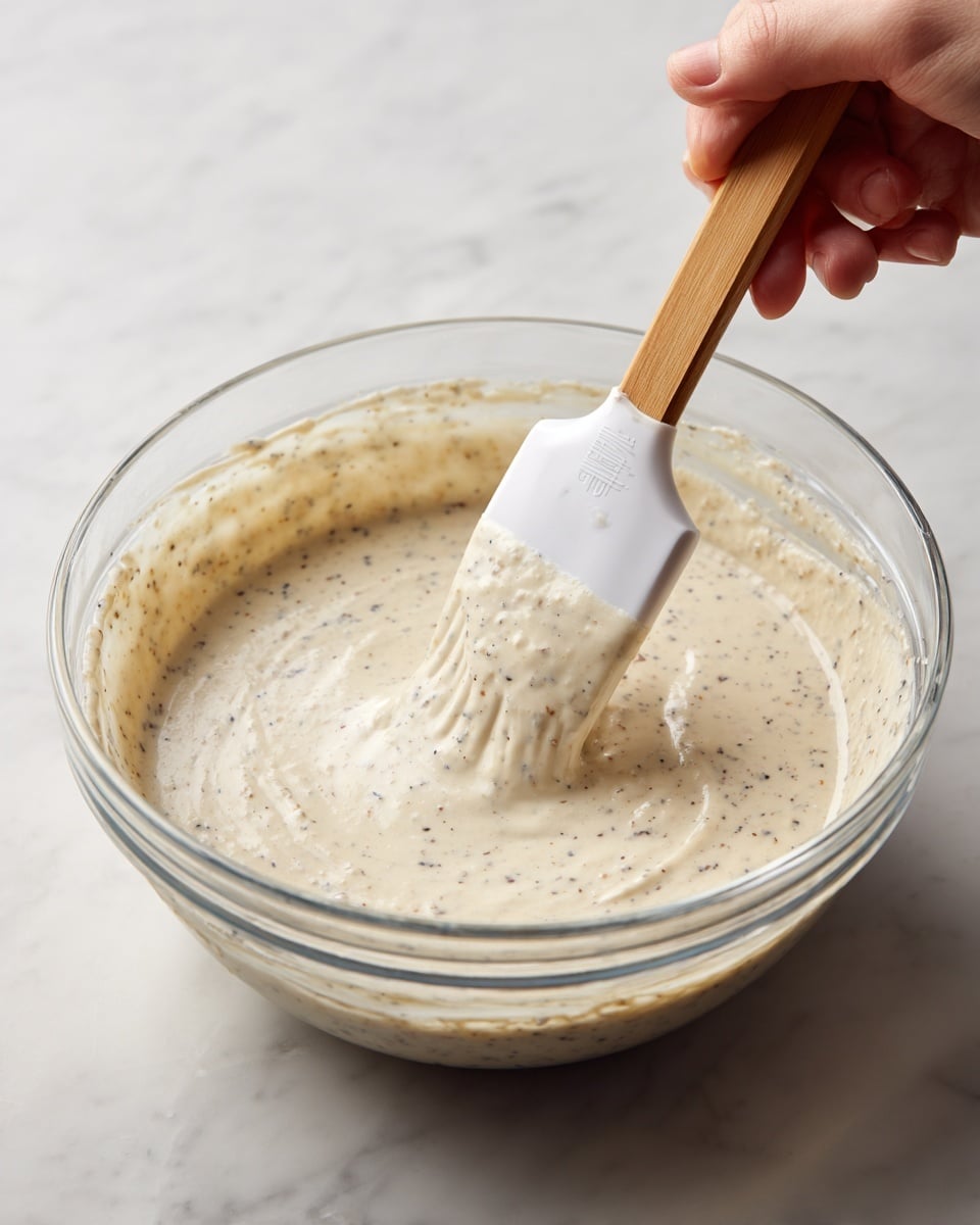 A clear glass bowl filled with a light beige, thick batter that has small black specks evenly spread throughout. A spatula with a white tip and a wooden handle is partially dipped into the batter, slightly lifting some mixture. The bowl is placed on a white marbled surface, and a woman's hand holds the spatula from the right side. The batter looks creamy with a slightly textured appearance. photo taken with an iphone --ar 4:5 --v 7