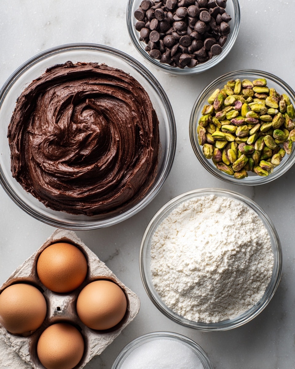 There are six main items arranged on a white marbled background. In the center is a large clear bowl filled with a thick, dark brown chocolate mixture with a smooth and shiny texture. Above it to the left is a smaller clear bowl full of shiny chocolate chips, dark brown in color and smooth in texture. To the right of that, there is another small clear bowl, filled with green and brown pistachio nuts that have a rough and crunchy surface. Below the bowl of melted chocolate, towards the bottom center, is a medium-sized clear bowl filled to the top with a white powdery substance, likely flour. To the bottom right, a medium clear bowl contains white granulated sugar with a rough grainy texture. At the bottom left corner, there is an open carton holding four brown eggs with smooth shells. Photo taken with an iphone --ar 4:5 --v 7