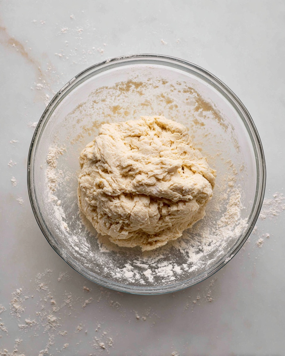 A clear glass bowl is placed on a white marbled surface, holding a single large lump of sticky dough that looks slightly rough and fluffy. The dough is pale beige with some small air bubbles and uneven texture, and bits of flour stick to the inside of the bowl around the dough. The bowl’s sides show light flour dusting, adding a powdery white contrast to the smooth glass. The photo taken with an iphone --ar 4:5 --v 7