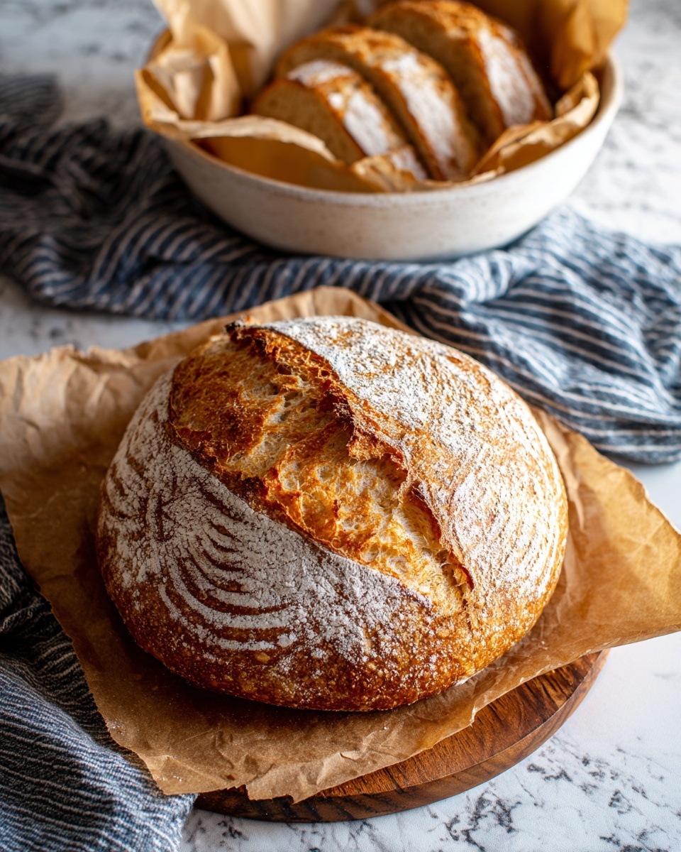 A round loaf of bread with a golden brown crust sits on brown paper over a wooden board. The bread has a rough texture with a dusting of white flour and swirling patterns on the sides. A deep crack runs across the top, showing the soft inside. Behind the bread is a white bowl with slices of the same bread, lined with brown paper. A folded blue and white striped cloth is partly under the bowl. The background is a white marbled texture. photo taken with an iphone --ar 4:5 --v 7