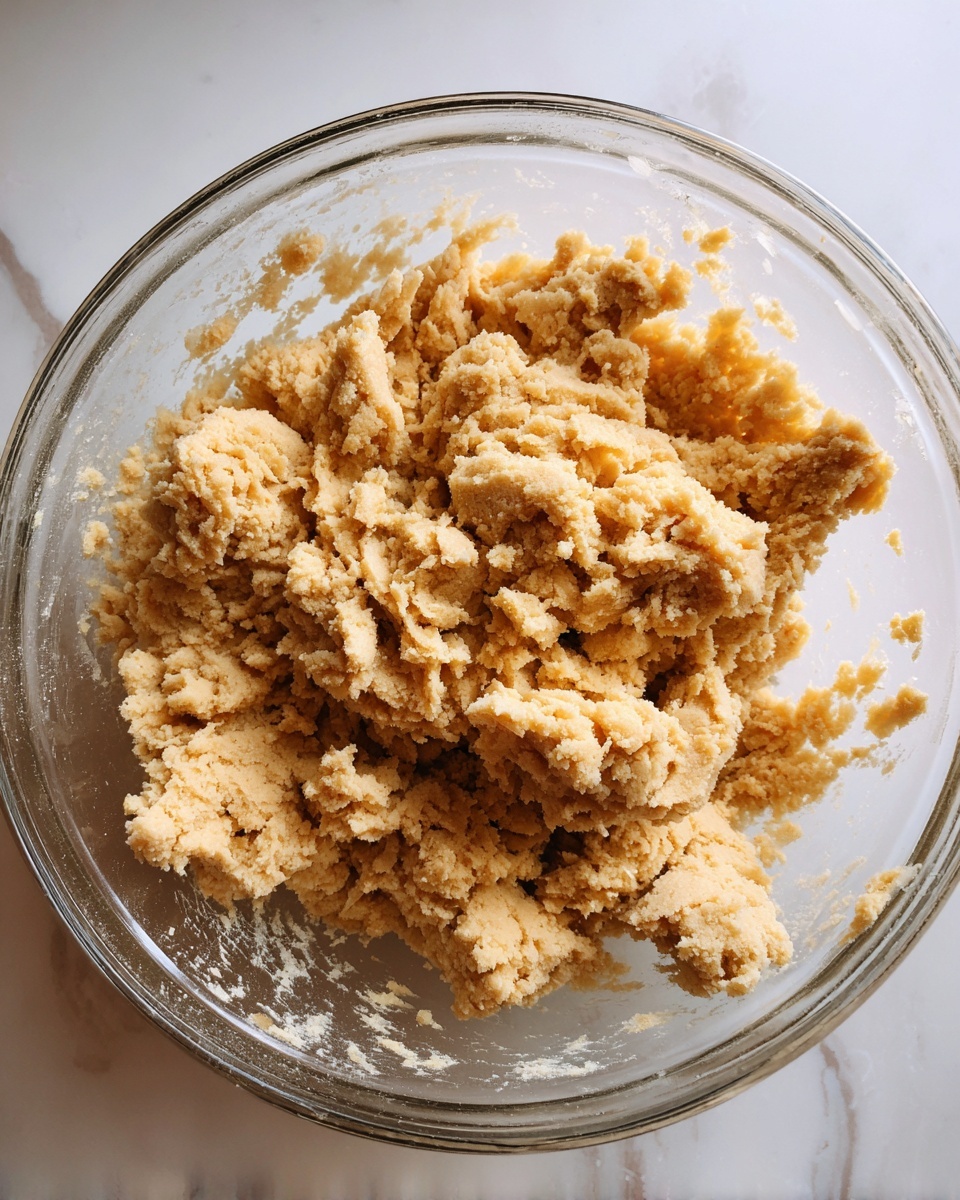 A close-up image of a thick, light brown dough with a crumbly but sticky texture filling most of a clear glass mixing bowl, with bits of dough clinging to the bowl sides, set against a white marbled surface photo taken with an iphone --ar 4:5 --v 7