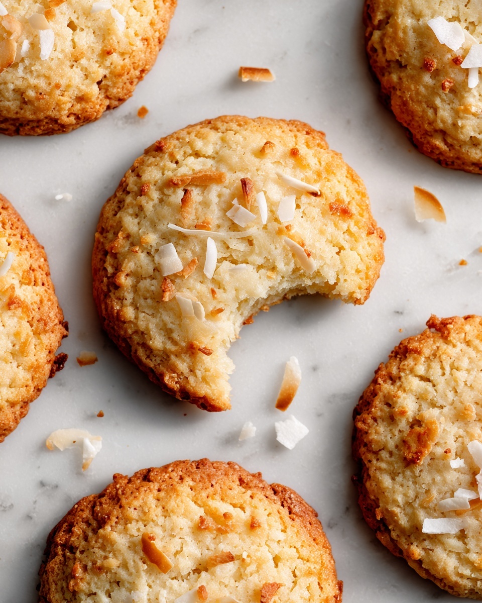 The image shows soft, round cookies with a light golden color on a white marbled surface. Each cookie has a slightly uneven texture with visible flakes of white coconut on top. One cookie in the center has a bite taken out, revealing its soft inside. The cookies are spaced out with edges that look slightly crisp and some natural cracks on the surface. photo taken with an iphone --ar 4:5 --v 7