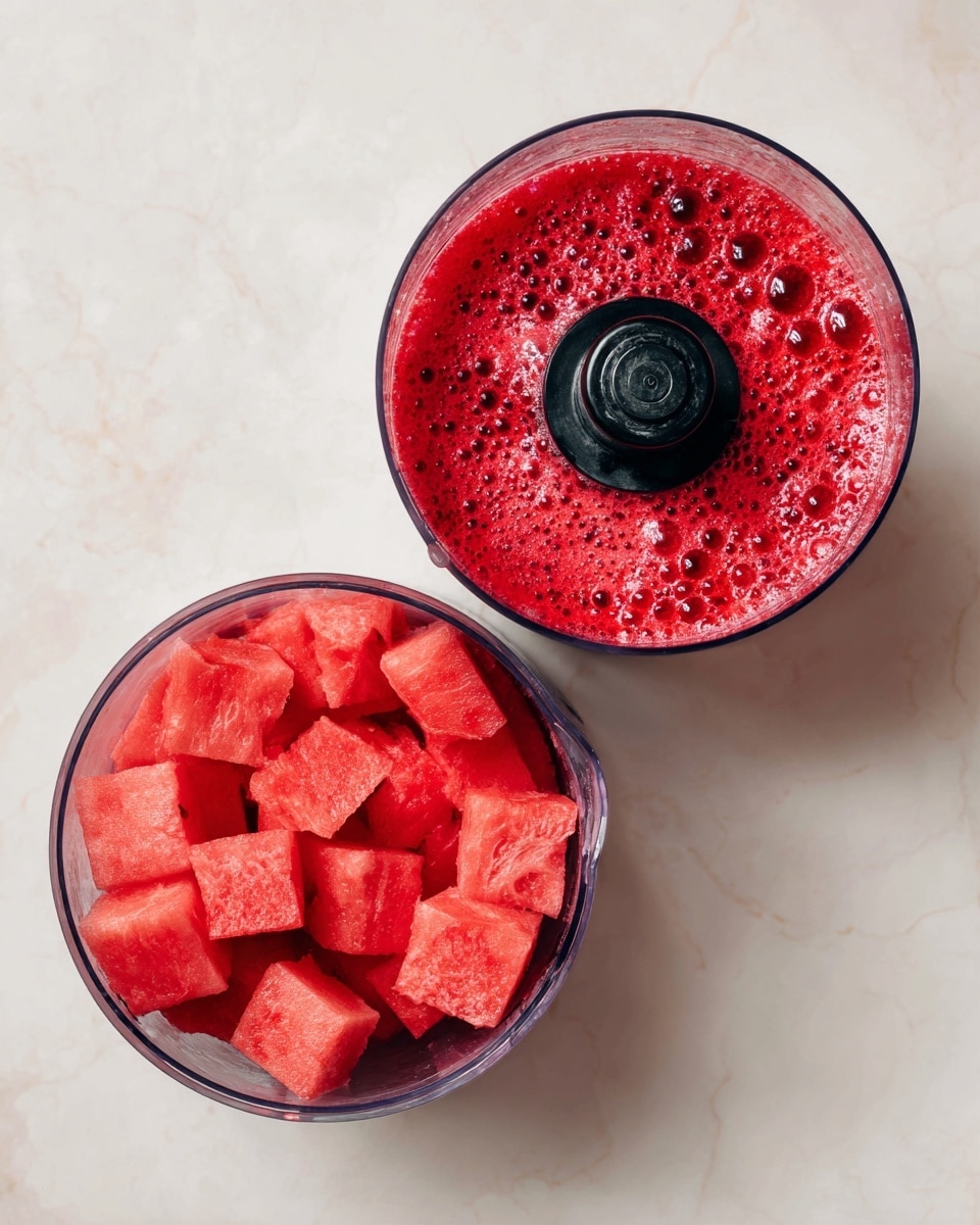 The image shows two close-up views of a food processor bowl on a white marbled surface. On the left, the bowl is filled with red watermelon cubes stacked up, surrounding a black central blade holder. The watermelon pieces have visible seeds and a fresh, moist texture. On the right, the food processor bowl contains a bright red, bubbly watermelon juice with a foamy layer on top, surrounding the same black central blade holder. The clear plastic bowl contrasts with the vibrant red color of the watermelon in both states. Photo taken with an iphone --ar 4:5 --v 7