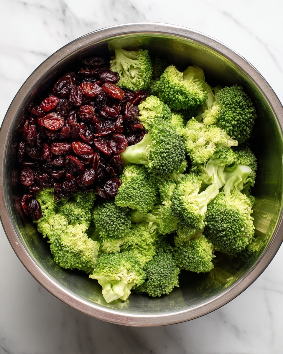 A steel mixing bowl is filled with two main layers: fresh green broccoli florets covering about three-quarters of the bowl, and a smaller cluster of dark red dried cranberries packed neatly in the top left inside edge. The broccoli pieces have a rough texture and bright green color, creating a natural and fresh look. The dark red cranberries offer a contrast in color and texture, appearing wrinkled and dry. The bowl is placed on a white marbled surface that brings a clean and bright background to the image. Photo taken with an iphone --ar 4:5 --v 7