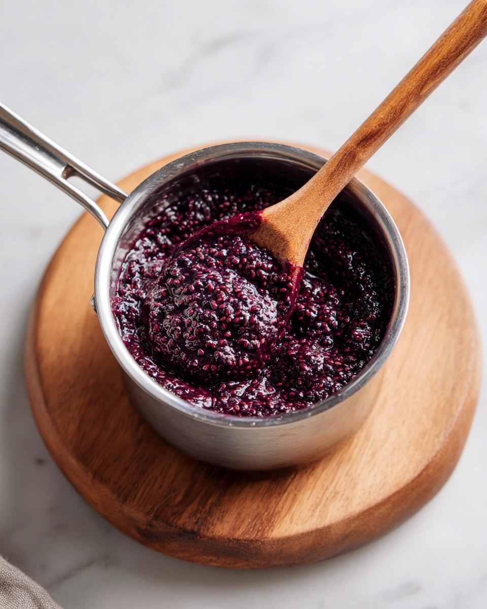 A small silver pot filled with a thick, dark purple mixture that has many tiny black and white chia seeds visible throughout. A wooden spoon rests inside the pot, coated with the same dark purple mixture, its texture sticky and slightly shiny. The pot sits on a round wooden board, and everything is placed on a white marbled surface. photo taken with an iphone --ar 4:5 --v 7