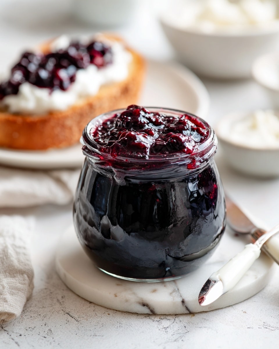 A clear round jar filled with thick, dark purple berry jam that has a shiny, slightly chunky texture, sitting on a white marbled surface. Behind the jar, there is a piece of toasted bread on a white plate with visible brown edges, spread with a layer of white cream and topped with a generous amount of the same dark purple jam. Nearby, a knife with a white handle lies on the surface, and some blurred bowls of white creamy substances are seen in the background. The overall setting is bright with soft natural light. photo taken with an iphone --ar 4:5 --v 7