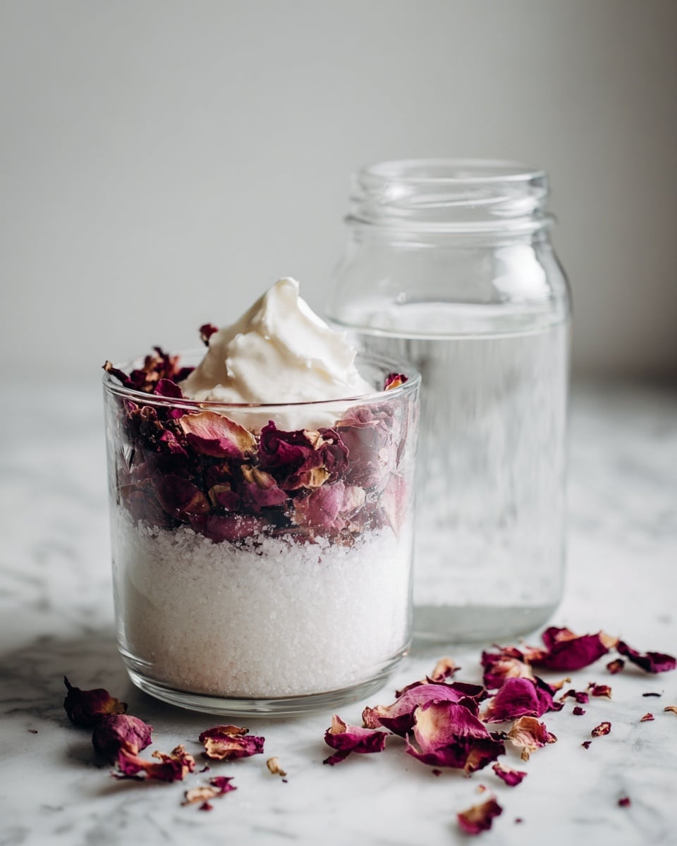 A clear measuring cup sitting on a white marbled surface, filled with three visible layers: the bottom layer is white sugar, the middle layer consists of dark red rose petals, and the top layer is thick white cream with a small peak. Beside the cup is a glass jar with water. The scene is brightly lit and has a clean, simple look photo taken with an iphone --ar 4:5 --v 7