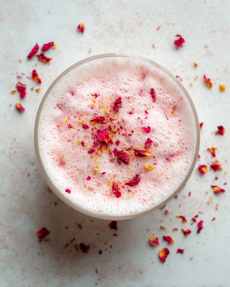 A single white glass bowl filled with a top layer of pale pink foamy liquid. Inside the foam, there are scattered small red flower petals and tiny yellow pieces, some floating on the surface and some inside the liquid. Around the bowl on a white marbled textured surface, there are scattered small red and yellow flower petals. The image is a close-up from above, focusing on the bowl and its colorful toppings. photo taken with an iphone --ar 4:5 --v 7