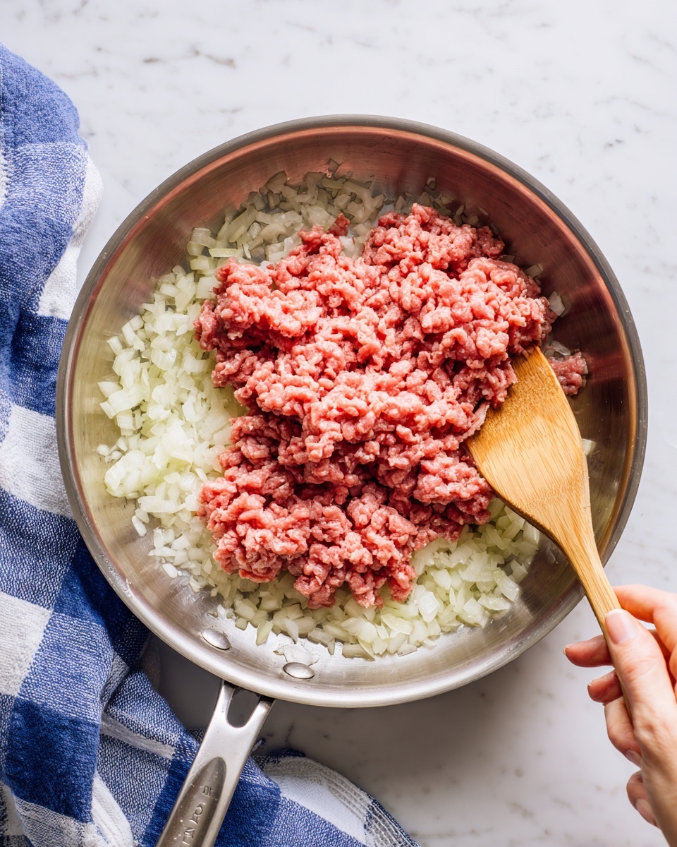 A stainless steel frying pan is seen from above, placed on a white marbled surface with a blue and white checkered cloth to the side. Inside the pan, at the bottom, there is a layer of finely chopped white onions spread out evenly. On top of the onions, there are two large, loose piles of raw ground beef, with a textured, coarse appearance showing strands of meat in reddish-pink color. A woman's hand is holding a wooden spatula, stirring the meat gently from the right side of the image. Photo taken with an iphone --ar 4:5 --v 7