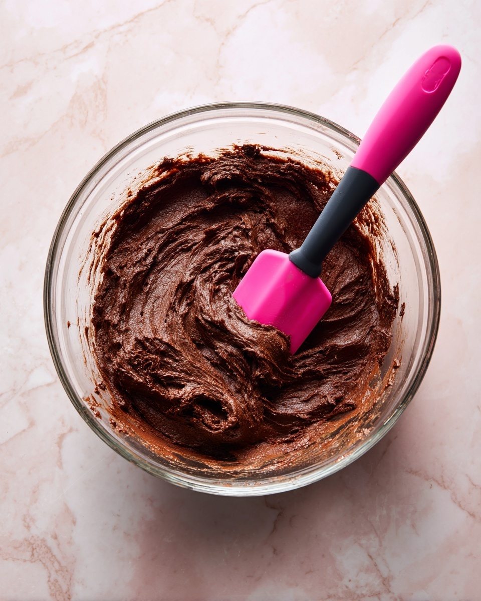 A clear glass mixing bowl sits on a white marbled surface, filled about halfway with thick, smooth dark brown chocolate dough. A bright pink silicone spatula with a black handle is partly buried in the dough on the right side, showing texture from stirring. The bowl has a pouring spout facing the top right corner of the image. No other items are visible around the bowl. The overall tone is warm and inviting. photo taken with an iphone --ar 4:5 --v 7