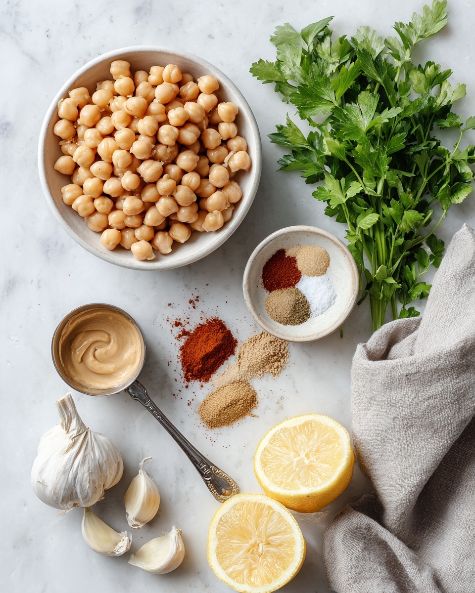 A white bowl filled with light beige chickpeas sits at the top left of a white marbled surface. To the right, there is a small bunch of green parsley. Below the parsley is a white bowl holding three small piles of spices in red, white, and light brown colors. Near the center is a small silver measuring spoon with creamy tahini. Towards the bottom left are three garlic cloves, one whole and two peeled halves. Below them lies a folded light gray cloth. At the bottom, two lemon halves show their bright yellow flesh. photo taken with an iphone --ar 4:5 --v 7