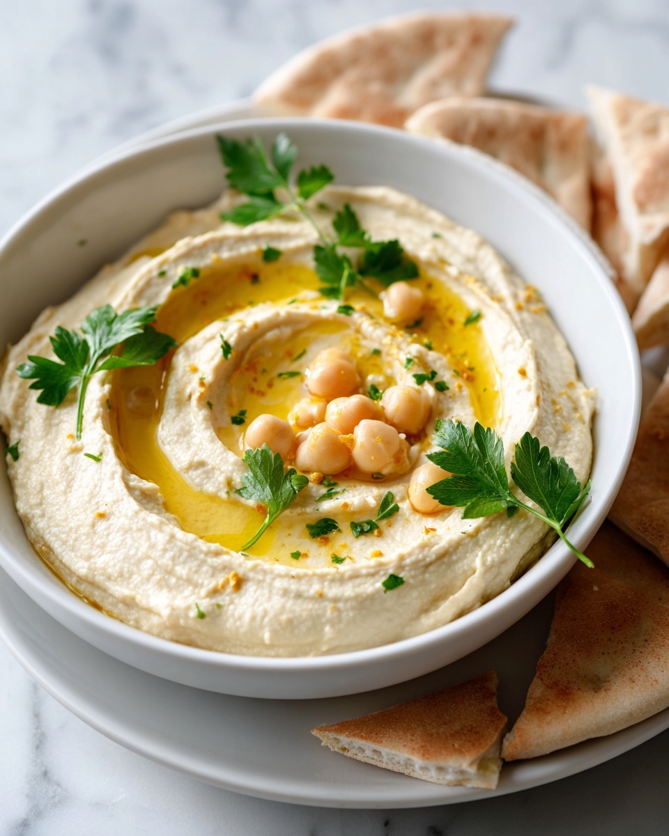 A white cup filled with creamy light beige hummus, smooth but slightly textured, topped with a swirl of golden olive oil that pools in the center. On top, there are a few whole chickpeas scattered, and fresh green parsley leaves add a pop of color. The cup sits on a white plate with pieces of light brown pita bread resting on the edge. The background is a white marbled surface, and the image has a soft natural light. photo taken with an iphone --ar 4:5 --v 7