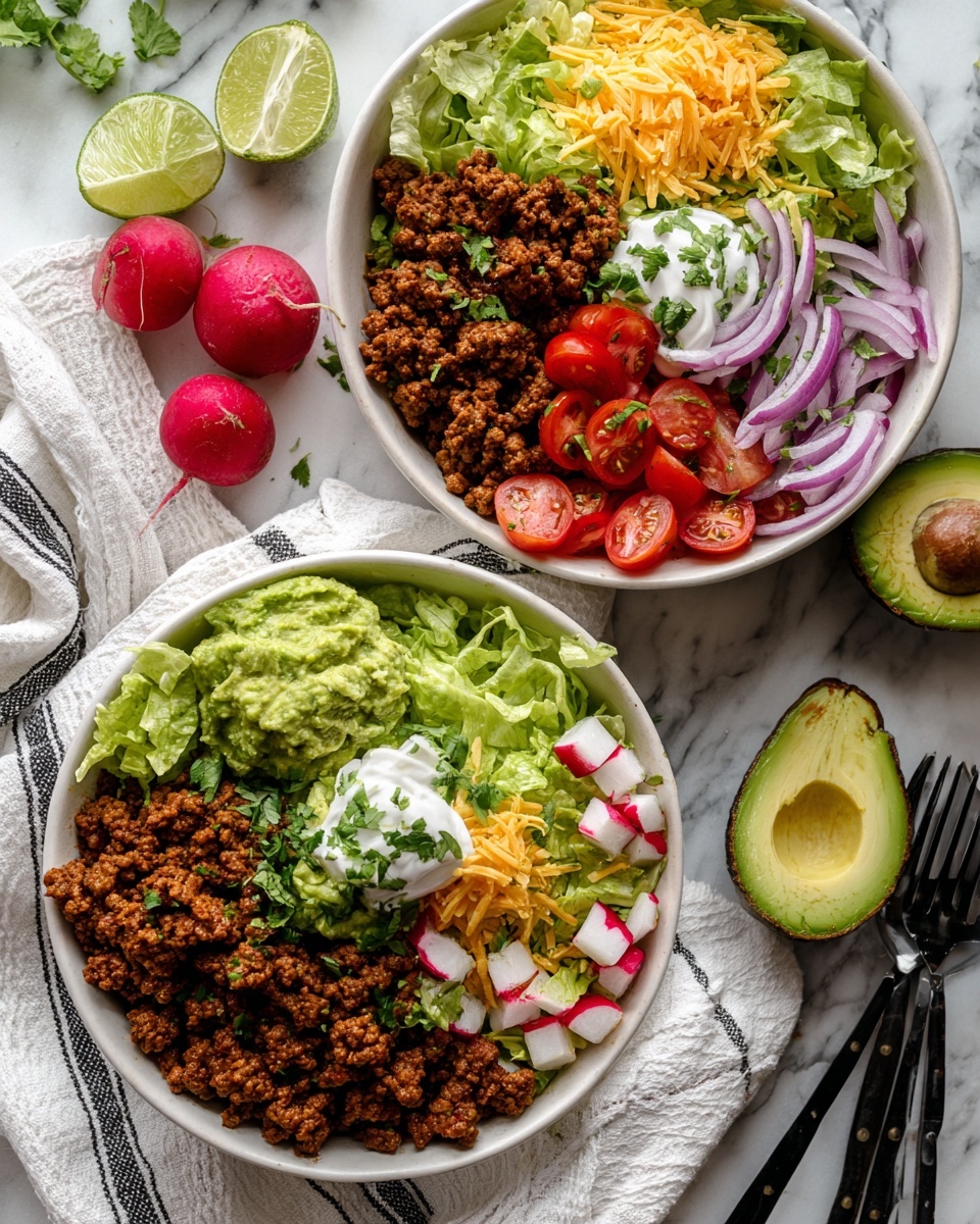 Two white bowls sit on a white marbled surface, each filled with fresh salad layers. The bottom layer is green lettuce, topped with brown cooked ground meat on one side. Next to the meat are bright red cherry tomato halves and small white radish cubes with red edges. One bowl has a dollop of green guacamole topped with white sour cream and chopped green herbs. Thin purple onion slices are placed in a curved line next to the green lettuce and shredded cheddar cheese. Lime wedges rest on the edges of the bowls, and two avocado halves, one with the seed, are placed around the bowls. Red radishes and a black fork and spoon on a white cloth with black stripes are also visible. Photo taken with an iphone --ar 4:5 --v 7