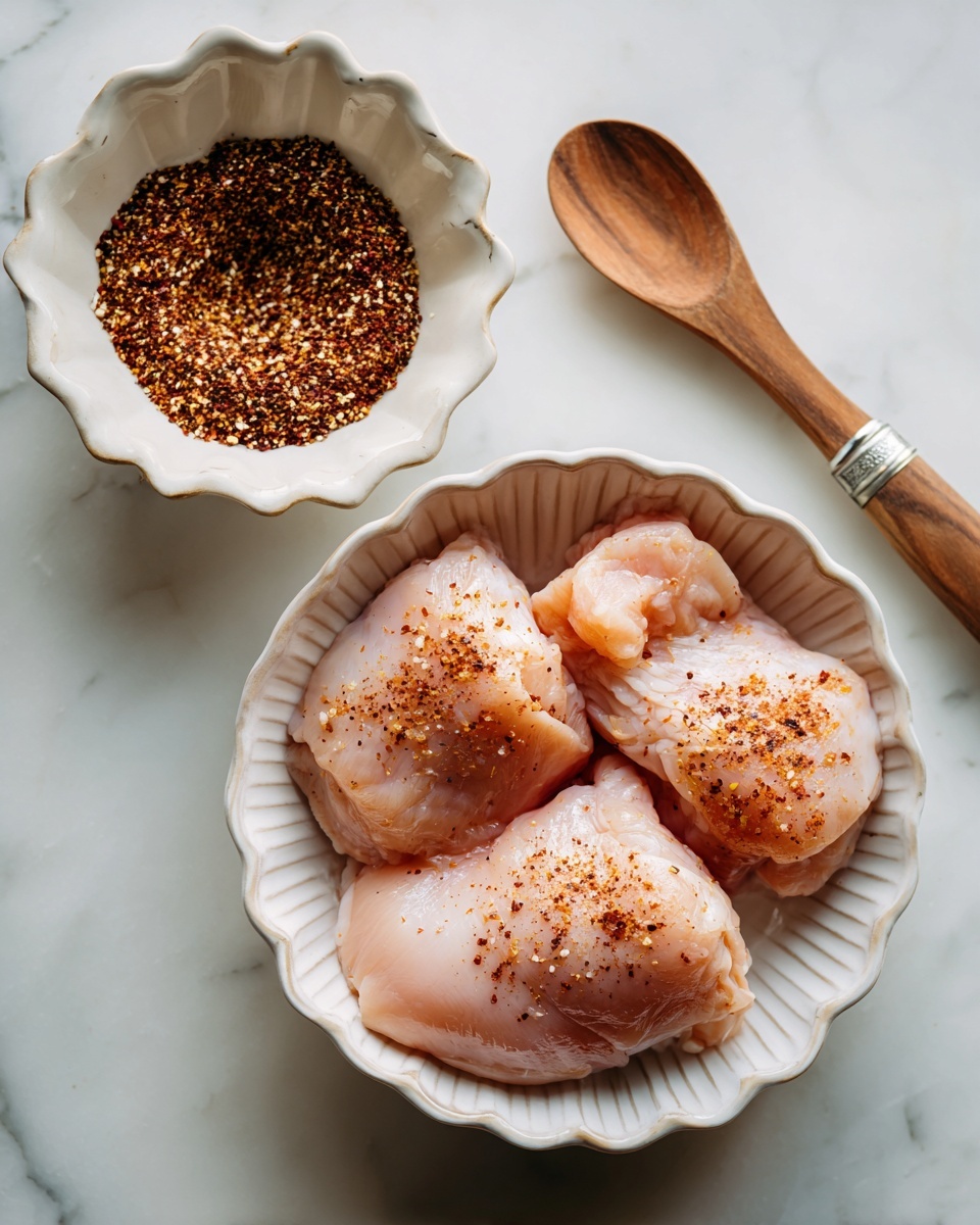 Four raw chicken pieces lay side by side in a round white bowl with ridged sides; each piece is lightly covered with red and brown spices. Above this bowl is another round white bowl with scalloped edges, holding dark brown spice mix. A wooden spoon with a metal tip rests inside the smaller bowl. Both bowls sit on a white marbled surface. photo taken with an iphone --ar 4:5 --v 7