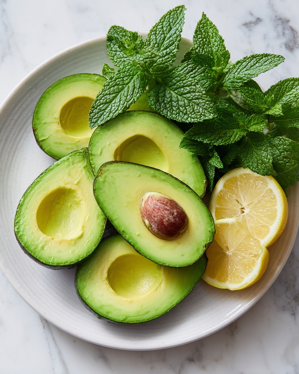 A round white plate is filled with several bright green avocado halves with smooth textures and a few brown spots, arranged close together showing their pale green flesh. On the top right side of the plate, a fresh bunch of dark green mint leaves with detailed veins adds a leafy texture. Next to the mint, there is a lemon half with a light yellow color and visible juicy segments. The plate is placed on a white marbled surface, giving a clean and fresh look. photo taken with an iphone --ar 4:5 --v 7