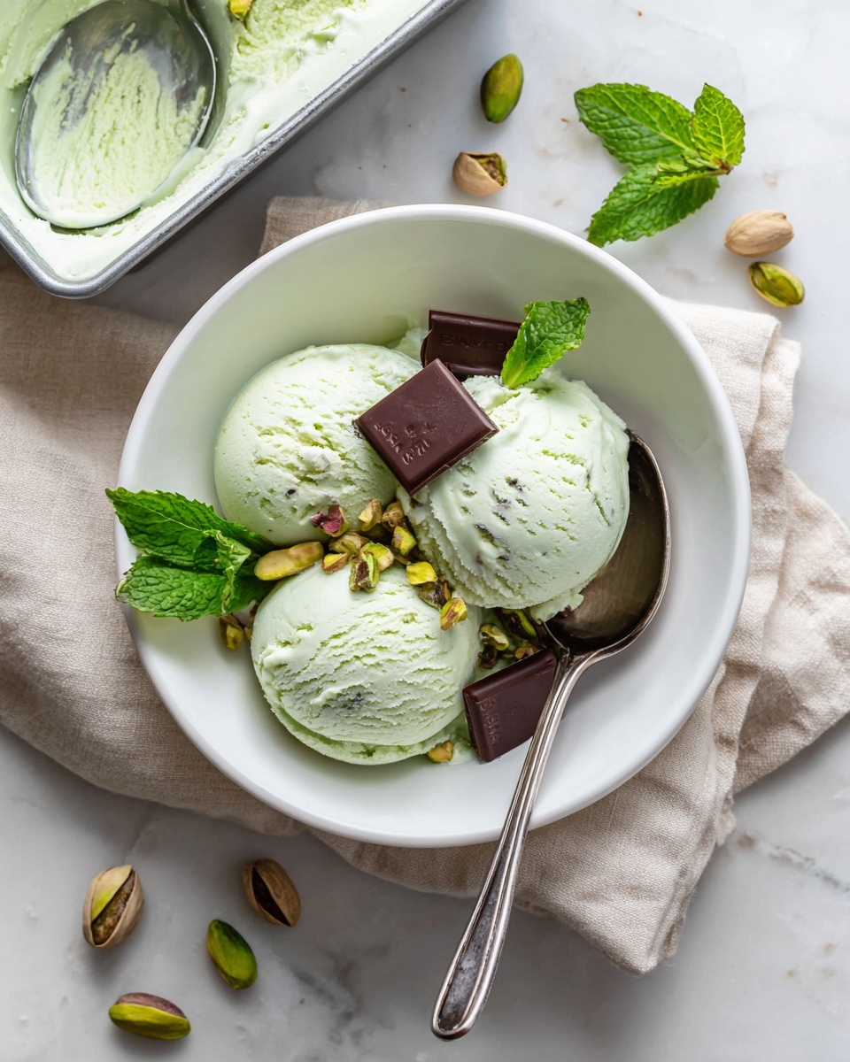 The image shows a white bowl with three pale green scoops of ice cream placed close together. The ice cream has a smooth, creamy texture. On top of the scoops, there are small pieces of chopped pistachios and two dark brown rectangular chocolate pieces. Two fresh green mint leaves are placed on the ice cream, adding a bright touch. A silver spoon is resting inside the bowl with its handle extending out. Next to the bowl, there is a metal container filled with the same green ice cream, with an ice cream scoop inside it. The whole setup is on a white marbled surface with a light beige cloth underneath the bowl and container. Some loose pistachios and a mint leaf are scattered on a white plate nearby. photo taken with an iphone --ar 4:5 --v 7