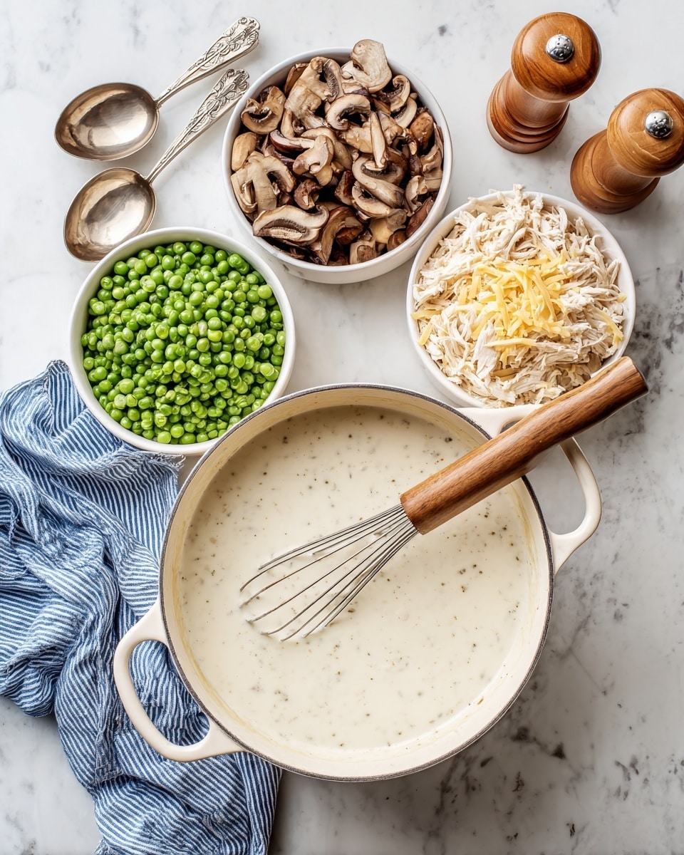 A white pot with two handles is filled with smooth, creamy white sauce showing tiny specks, with a wooden whisk resting inside. Above the pot are three white dishes: one filled with dark brown sliced mushrooms, another with bright green frozen peas, and a third holding light beige shredded chicken pieces. To the top left, three shiny metallic measuring spoons are placed on the white marbled surface, alongside a wooden pepper grinder at the top right. A blue and white striped cloth napkin is casually spread next to the pot photo taken with an iphone --ar 4:5 --v 7