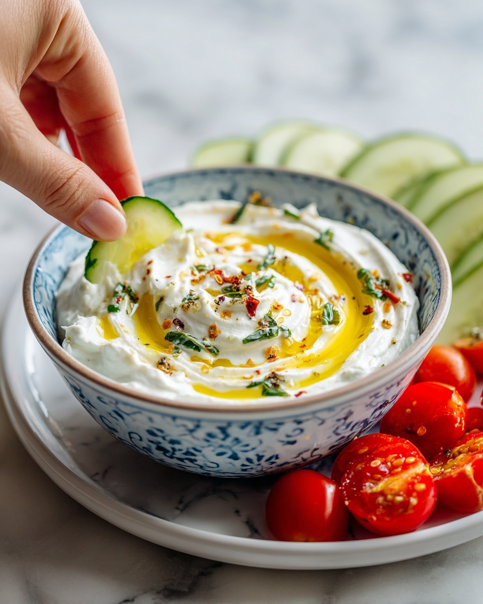 A round bowl filled with creamy white dip with a smooth, slightly thick texture, topped with swirls of golden olive oil, small green herb pieces, and scattered red chili flakes. A woman's hand is dipping a green cucumber slice into the dip, lifting some of it. The bowl sits on a white plate with a blue design, surrounded by bright red cherry tomatoes and sliced green cucumbers all resting on a white marbled surface. Photo taken with an iphone --ar 4:5 --v 7