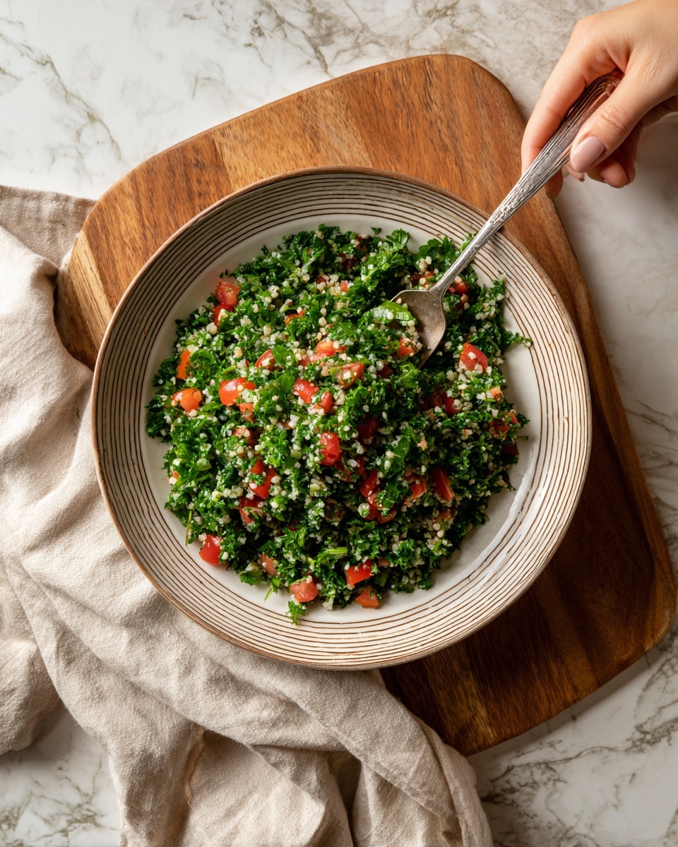 A white bowl with brown stripes around the edge holds a green salad made of chopped parsley and small pieces of red tomato mixed with tiny white grains, likely bulgur. The bowl is placed on a wooden board, and a beige cloth is casually draped on the edge of the board. A woman's hand is holding a small silver spoon over the bowl. The scene is set on a white marbled surface. photo taken with an iphone --ar 4:5 --v 7