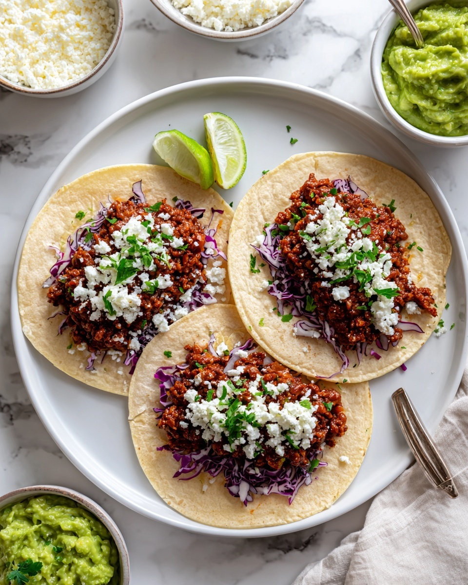 The image shows three soft white tortillas on a white plate with a white marbled surface underneath. Each tortilla has a base layer of shredded purple cabbage, topped with a rich, crumbly reddish-brown filling, likely seasoned meat or a meat alternative. On top of this filling, there are small dollops of white cream and sprinkled white cheese. A green garnish, possibly chopped herbs or guacamole, is added on each tortilla. On the plate, near the top right tortilla, there is a lime wedge. Next to the tortillas on the plate, there is a small white bowl filled with smooth green guacamole with a spoon inside. Around the plate, there are small bowls with white cheese and possible sour cream, completing the setting. Photo taken with an iphone --ar 4:5 --v 7