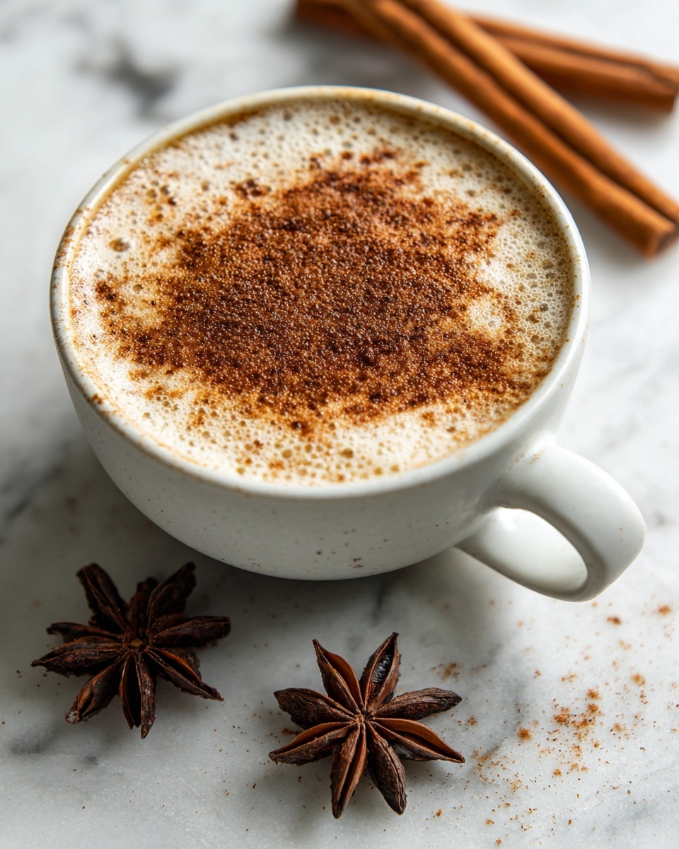 A white ceramic cup filled with a creamy, frothy drink topped with a thick layer of light brown cinnamon powder spread unevenly across the foam surface. The cup handle is visible on the right side, and the cup is placed on a white marbled surface. Surrounding the cup are three cinnamon sticks placed diagonally and three star anise pods, adding warm brown and dark brown shades to the composition. The photo is bright and clear with soft natural lighting. photo taken with an iphone --ar 4:5 --v 7
