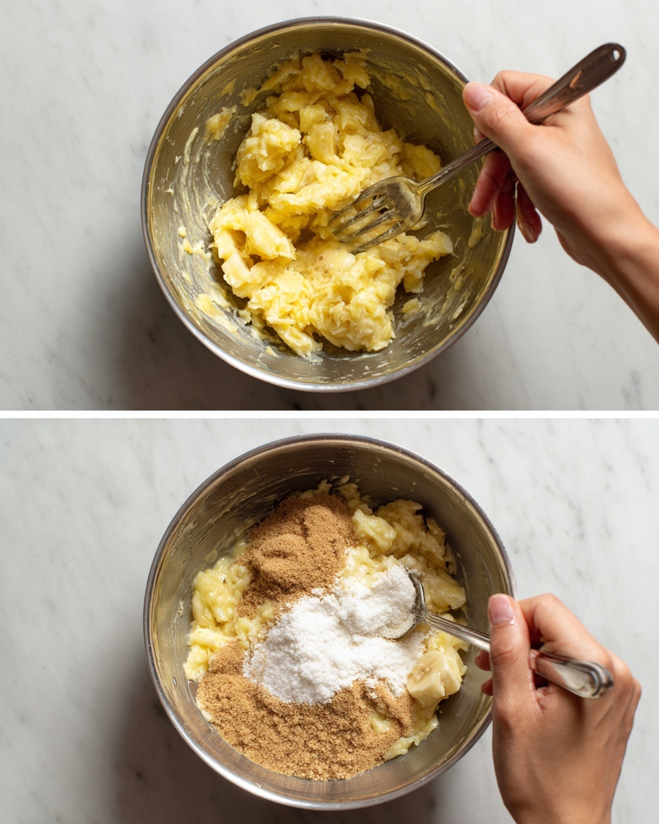 The first image shows a shiny metal bowl with partially mashed bananas inside, with some chunks still visible. A woman's hand is holding a fork mashing the bananas. The second image shows the same shiny metal bowl now filled with a smooth banana mixture as the base layer, topped with two piles of sugar – white and brown sugar – and a woman's hand stirring them with a spoon. Both images are taken on a white marbled surface. photo taken with an iphone --ar 4:5 --v 7
