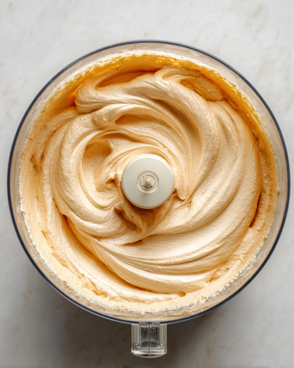 The image shows a clear food processor bowl from the top view filled with a creamy, light orange mixture. The mixture has a smooth, fluffy texture with visible swirls and soft peaks, evenly spread around the center blade. The white marbled surface underneath adds a clean and bright background, emphasizing the creamy mixture inside the transparent bowl. Photo taken with an iphone --ar 4:5 --v 7