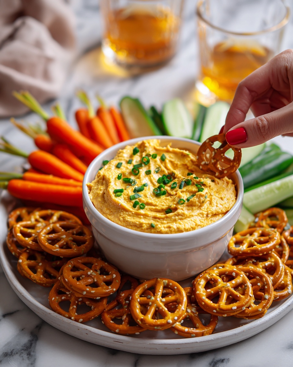 A white bowl in the center holds a creamy orange hummus topped with small green chive pieces. Surrounding the bowl is a layer of yellowish-orange pretzel snacks with holes, arranged neatly on a round white plate. Behind the pretzels, there are bright orange baby carrots with green tops pointing upward, and some green cucumber slices set on the side. A woman's hand with red nail polish is grabbing one pretzel from the hummus. The entire setup is on a white marbled surface with two transparent glasses of amber liquid blurred in the background. photo taken with an iphone --ar 4:5 --v 7