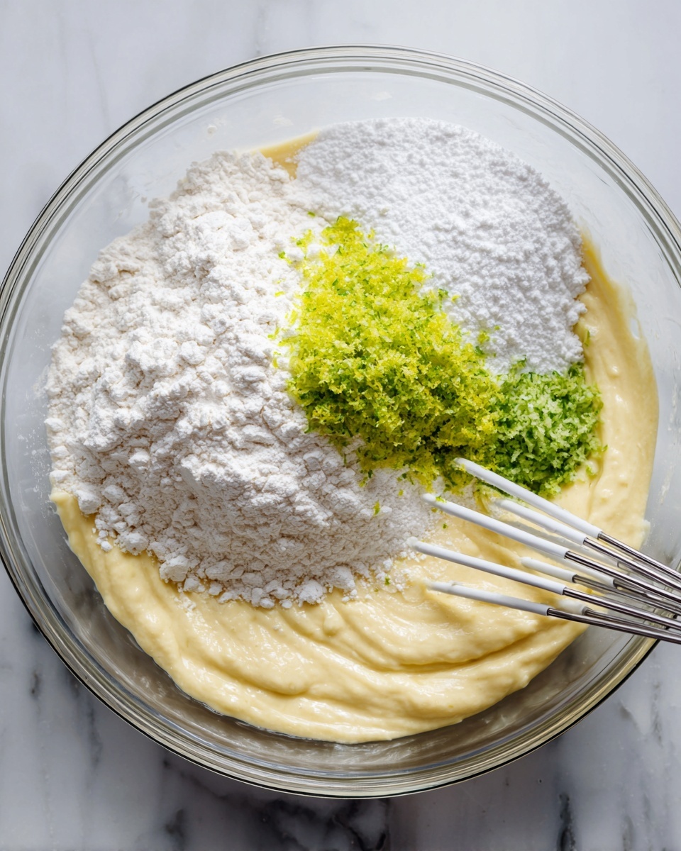A clear glass bowl sits on a white marbled surface, filled with a thick, creamy yellow mixture as the bottom layer. On top of this layer, there is a large pile of white flour covering nearly half of the bowl. To the right of the flour, there are bright green and yellow lemon and lime zest pieces gathered in a small mound. To the left of the flour, there is a smaller white powdery layer, likely baking soda or baking powder. Two silver beaters from a white electric mixer are partially inserted into the mixture near the bottom left. photo taken with an iphone --ar 4:5 --v 7