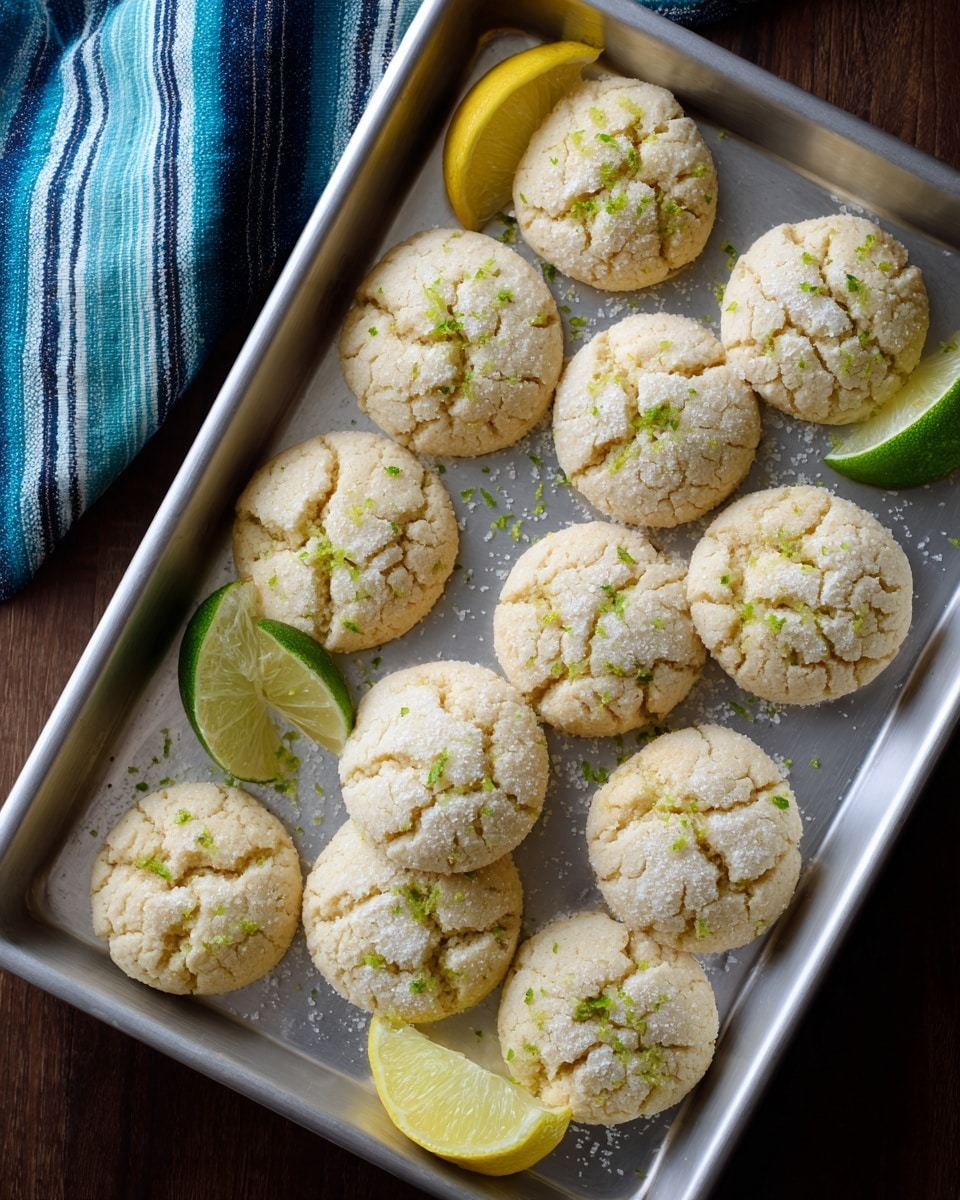 A silver baking tray holds about fourteen round, lightly cracked cookies with a soft, sandy beige color. The cookies are sprinkled with fine sugar crystals and small bright green lime zest pieces on top, adding a fresh touch. Near the top left and bottom left corners of the tray, two wedge slices of lime and yellow lemon rest, showing their juicy inside. The tray sits on a dark wood surface with a blue and white striped cloth partly visible on the top left, enhancing the cozy kitchen feel. photo taken with an iphone --ar 4:5 --v 7