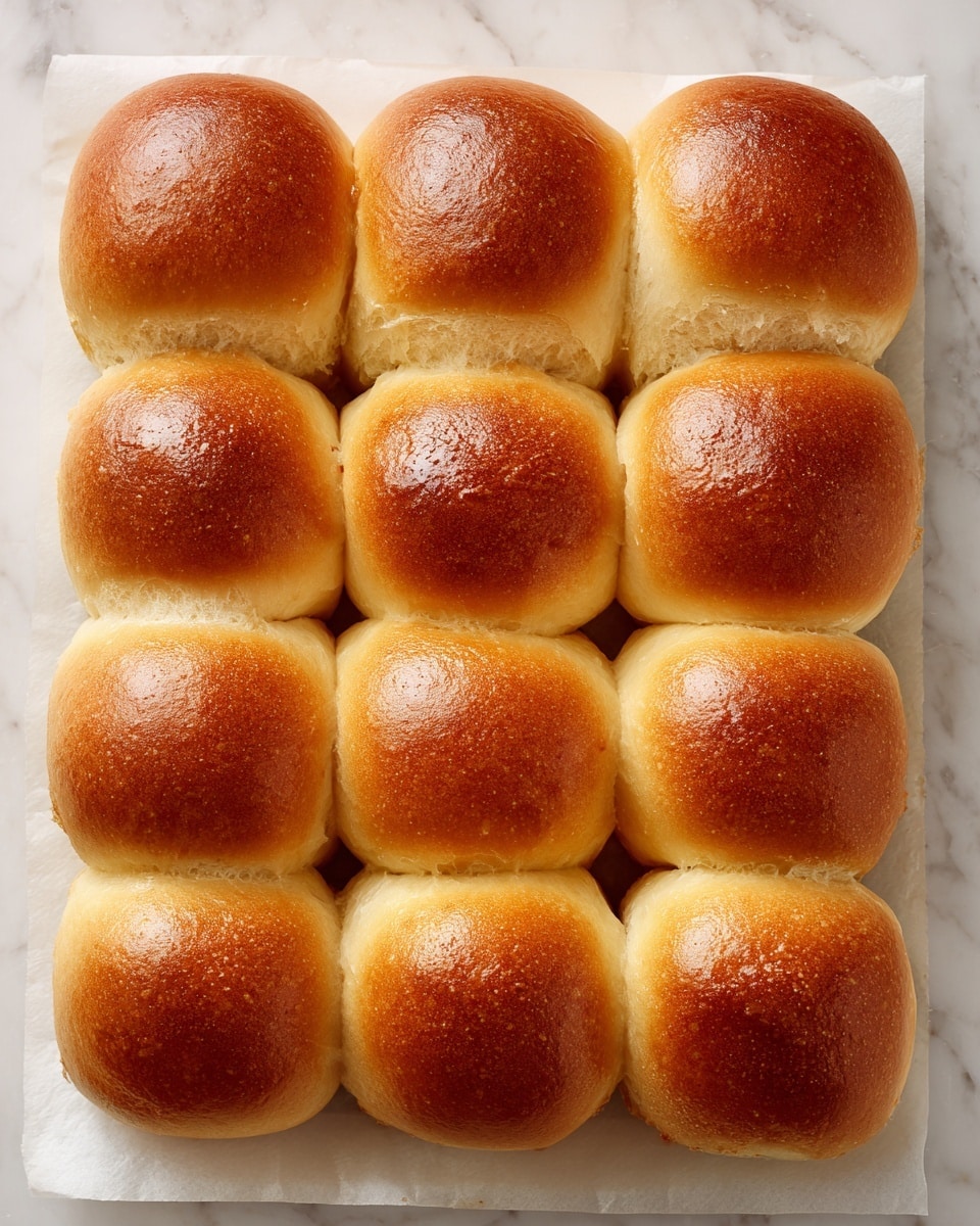The image shows a dozen golden brown bread rolls arranged in four neat rows of three on a sheet of baking paper. Each roll has a smooth, shiny surface with a light crust and a soft, round shape. The color of the rolls gradually changes from a deeper golden brown on top to a lighter cream color on the sides, showing they are freshly baked. The background is a white marbled texture that highlights the warm tones of the bread rolls. photo taken with an iphone --ar 4:5 --v 7